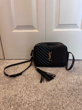 Yves Saint Laurent Black Quilted Leather Crossbody Camera Bag with Tassel